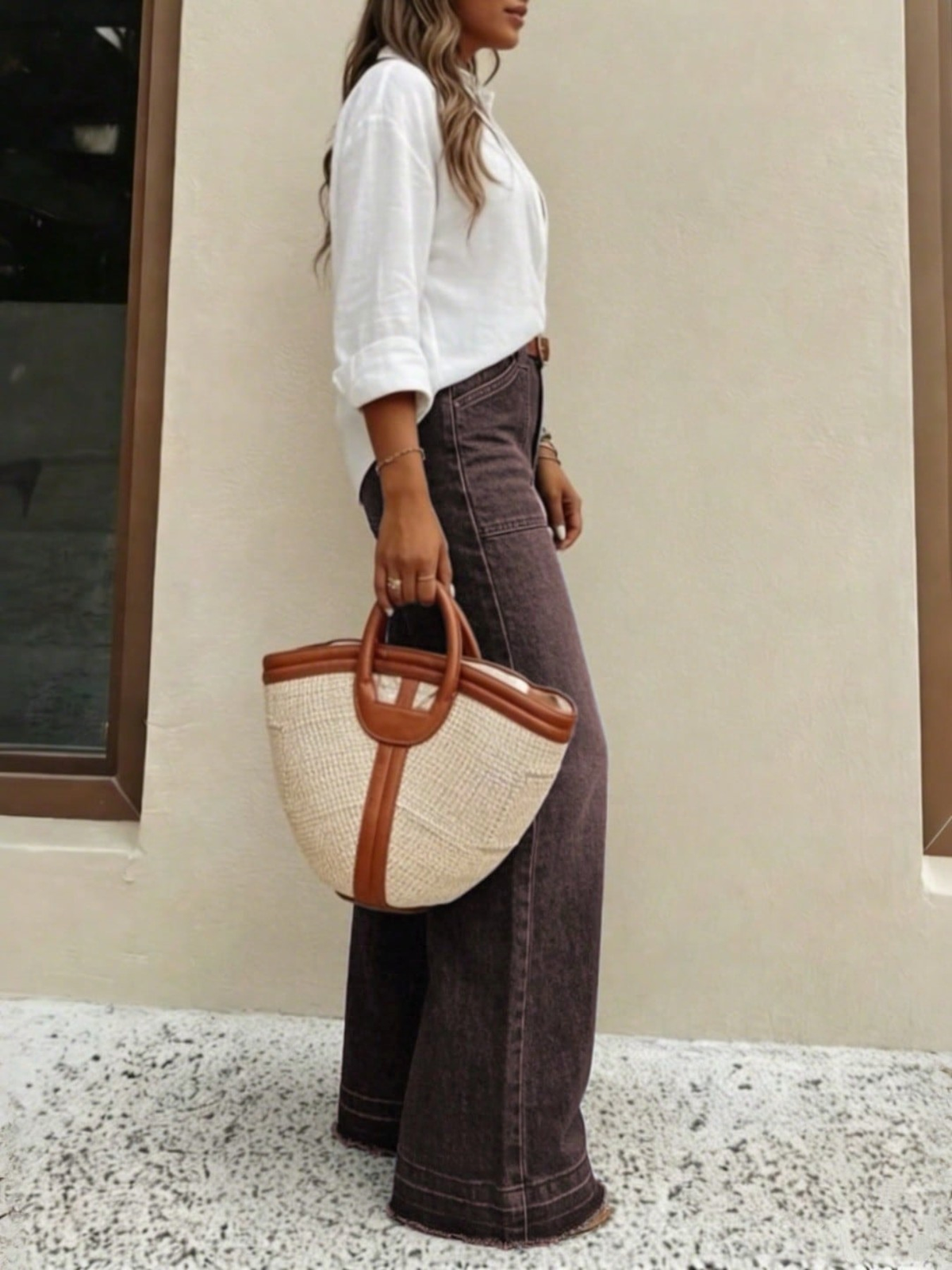 Three-quarter view styled with a tote bag