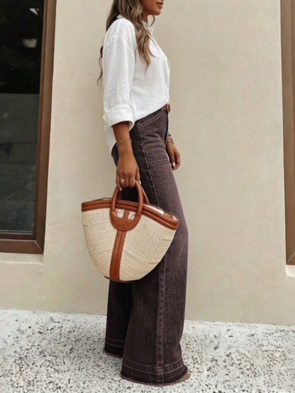 Three-quarter view styled with a tote bag