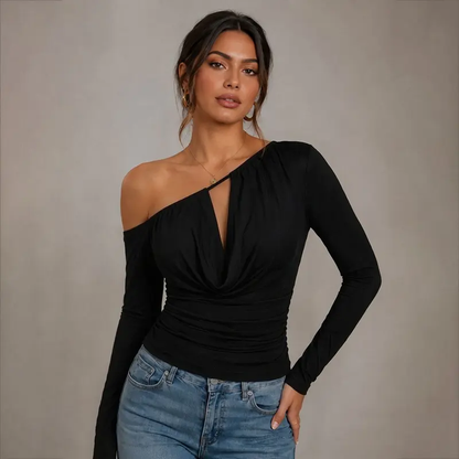Black — one-shoulder ruched long-sleeve top, front view on model