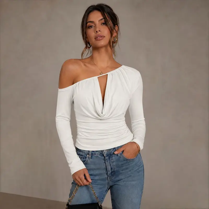 White — one-shoulder ruched long-sleeve top, front view on model