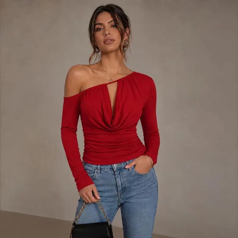 Bright Red — one-shoulder ruched long-sleeve top, front view on model