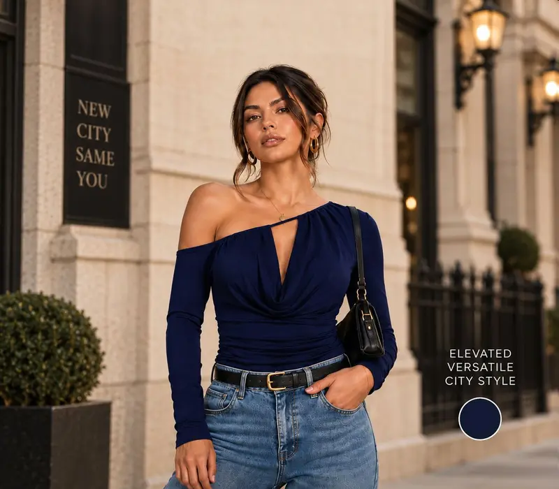 Royal Blue — one-shoulder ruched long-sleeve top, front view on model