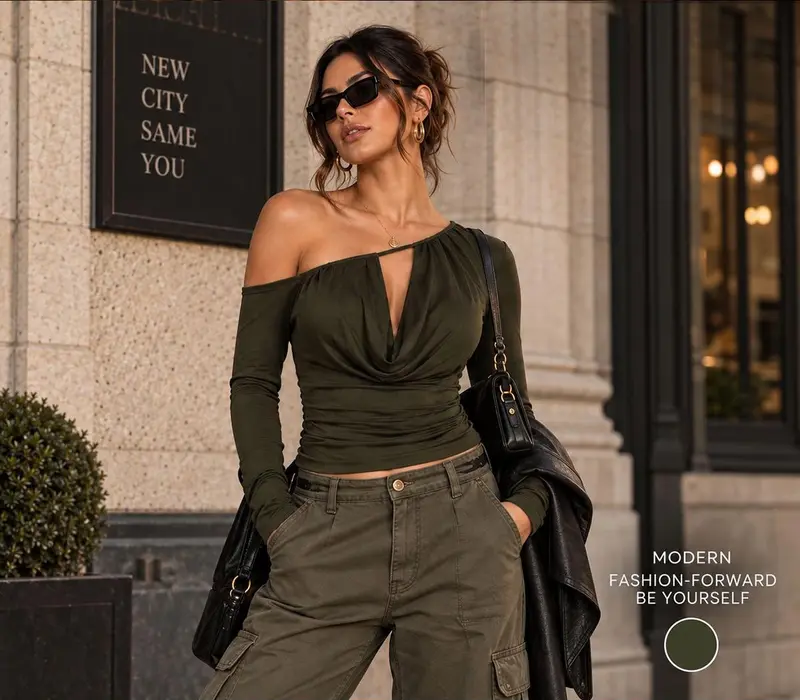 Dark Green — one-shoulder ruched long-sleeve top, front view on model