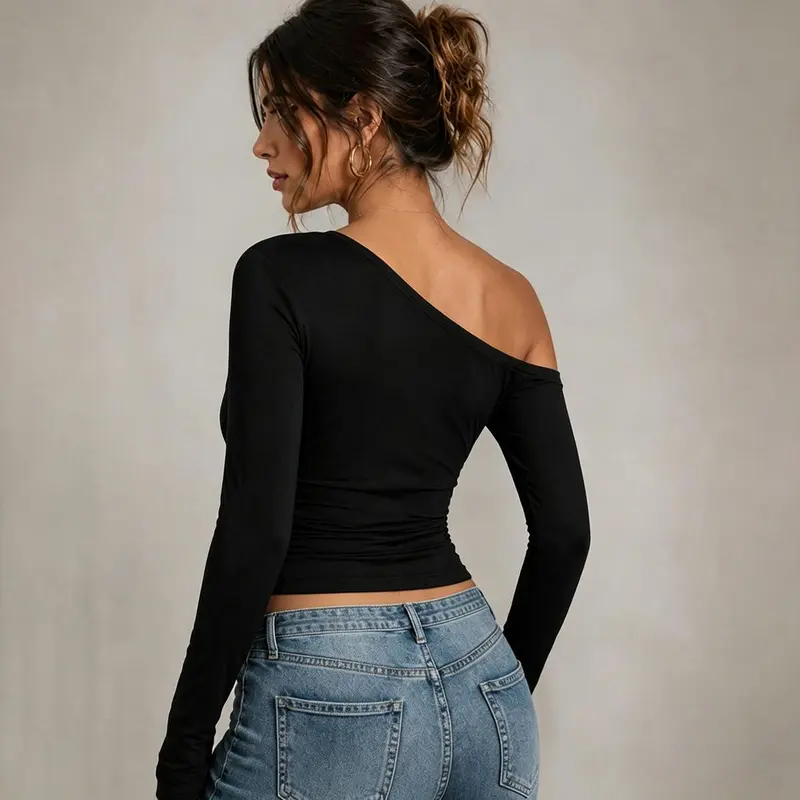Black — one-shoulder ruched top, back view on model