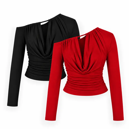 Black & Burgundy Set — two one-shoulder ruched tops