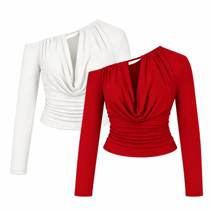 White & Burgundy Set — two one-shoulder ruched tops