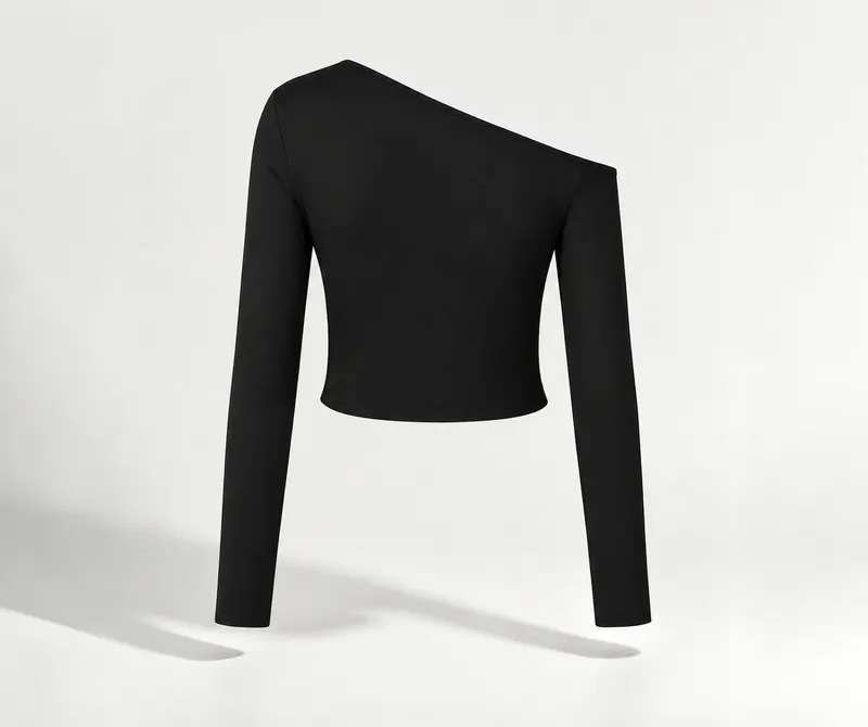 Black — one-shoulder ruched long-sleeve top, studio view