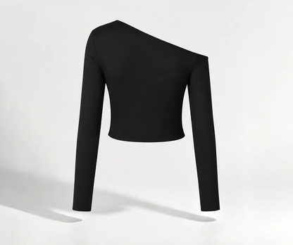 Black — one-shoulder ruched long-sleeve top, studio view