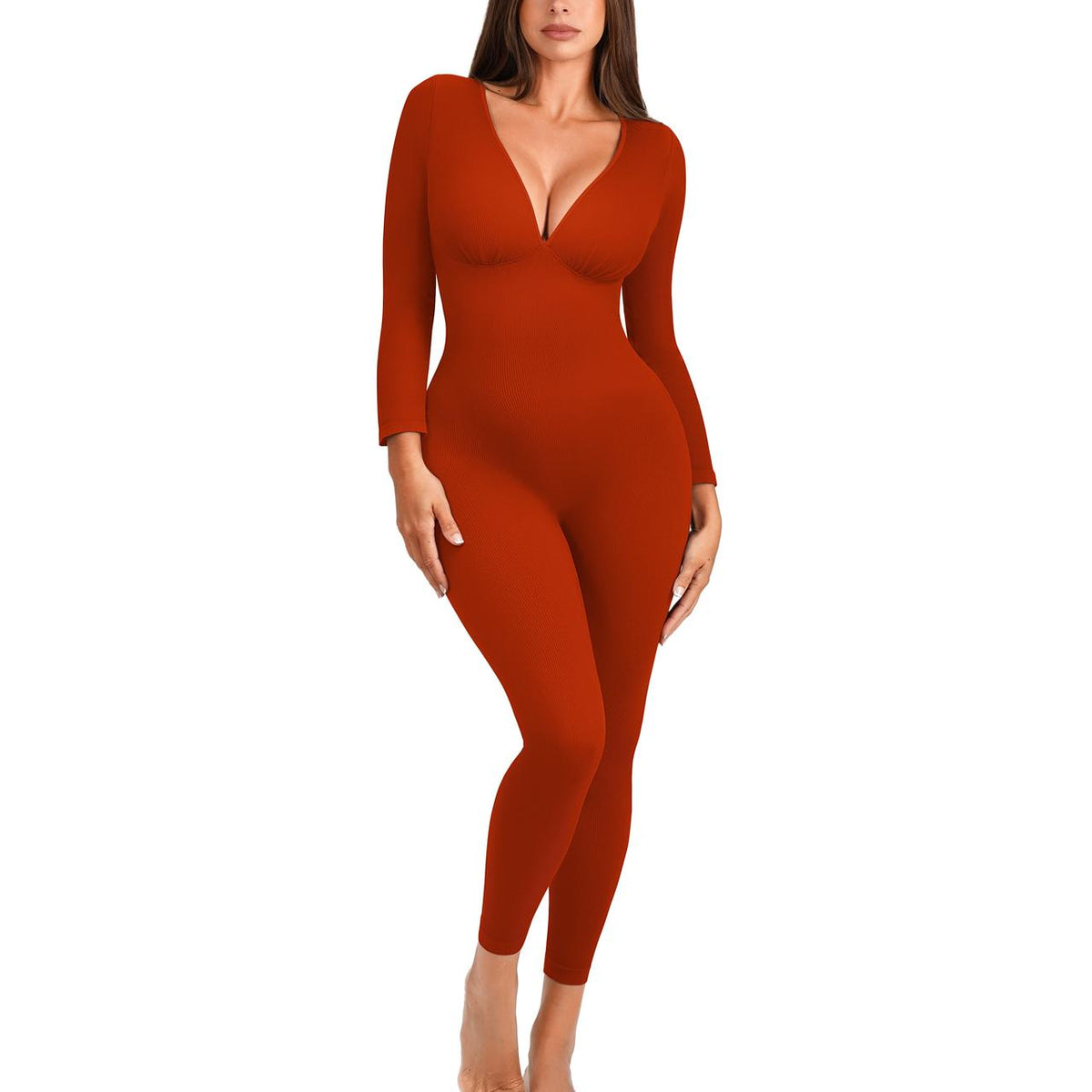Ribbed deep V sculpting jumpsuit in Burnt Orange