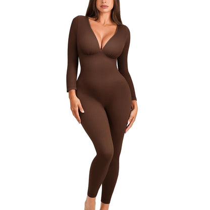 Ribbed deep V long sleeve jumpsuit in Espresso