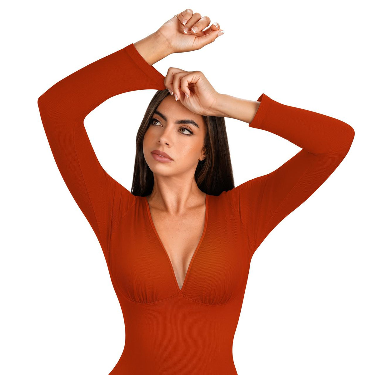 Close-up of the Burnt Orange deep V neckline