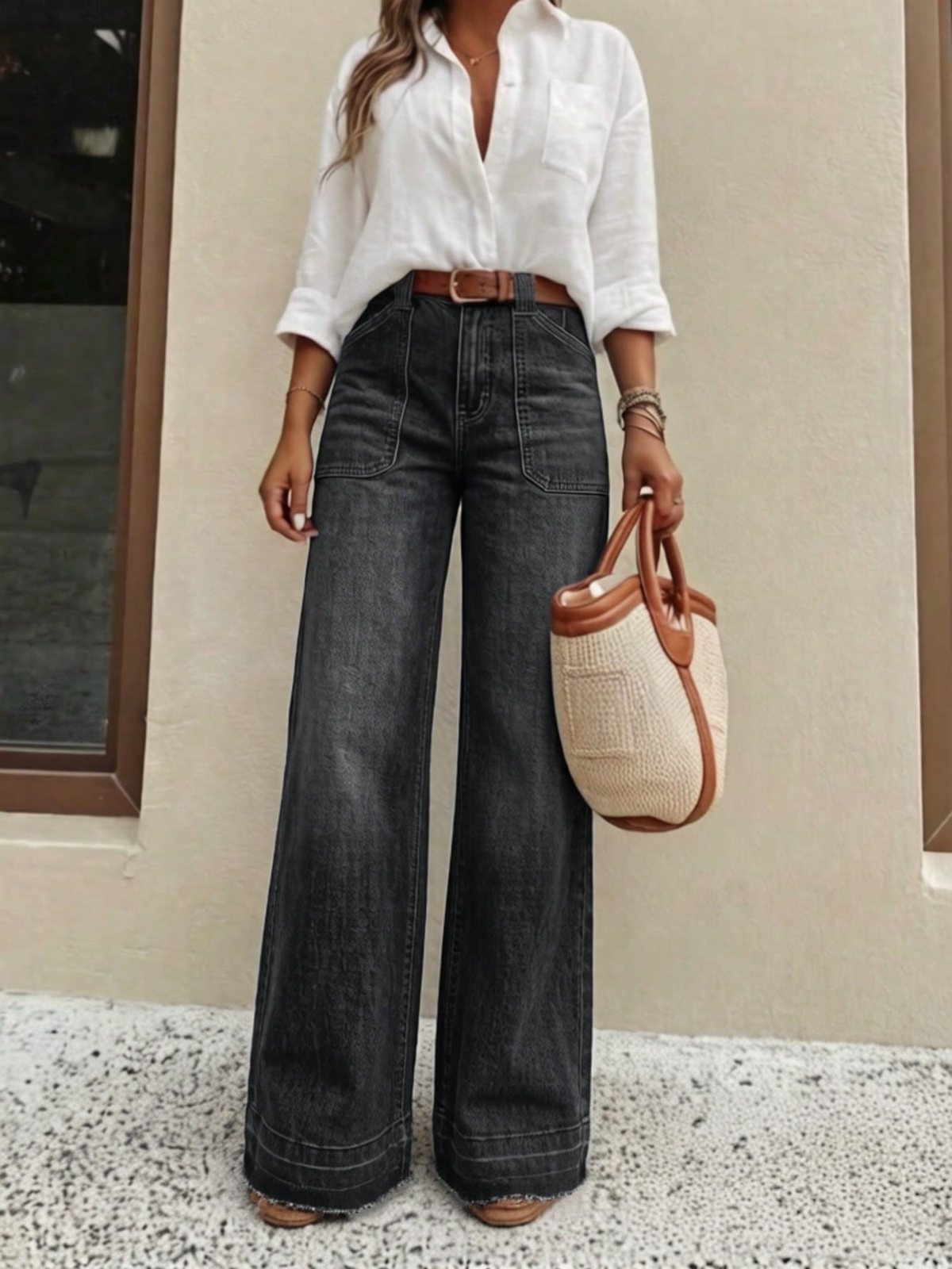 Front view, wide-leg silhouette