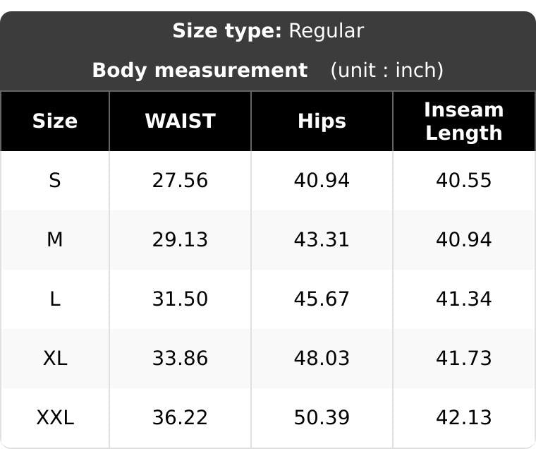 Size chart S to 2XL