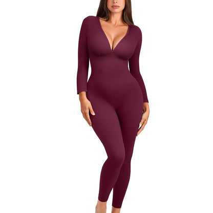 Ribbed deep V sculpting jumpsuit in Burgundy
