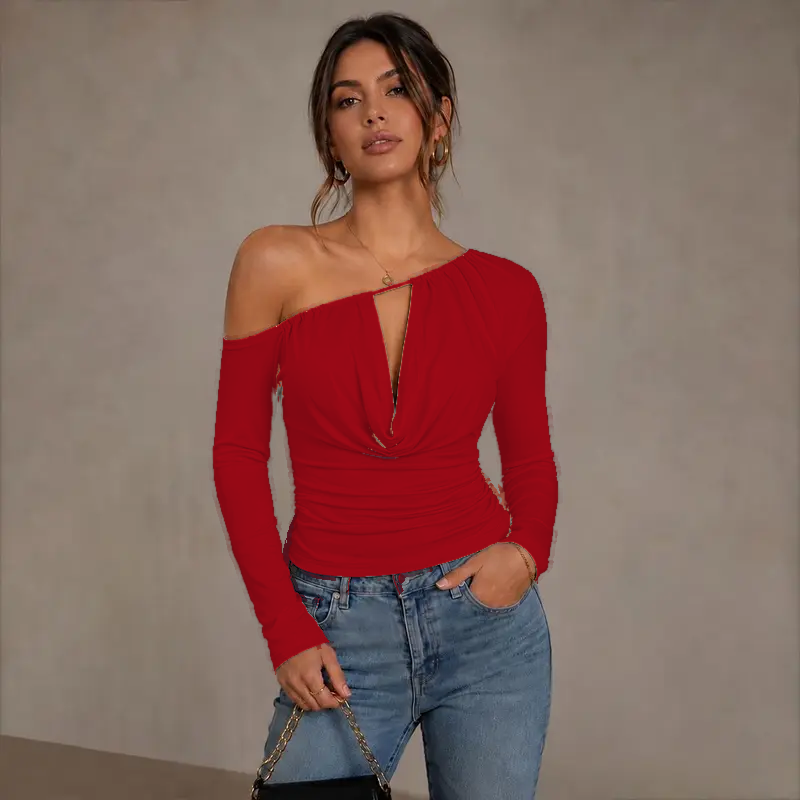 Bright Red — one-shoulder ruched long-sleeve top, front view on model — retouched studio visualisation