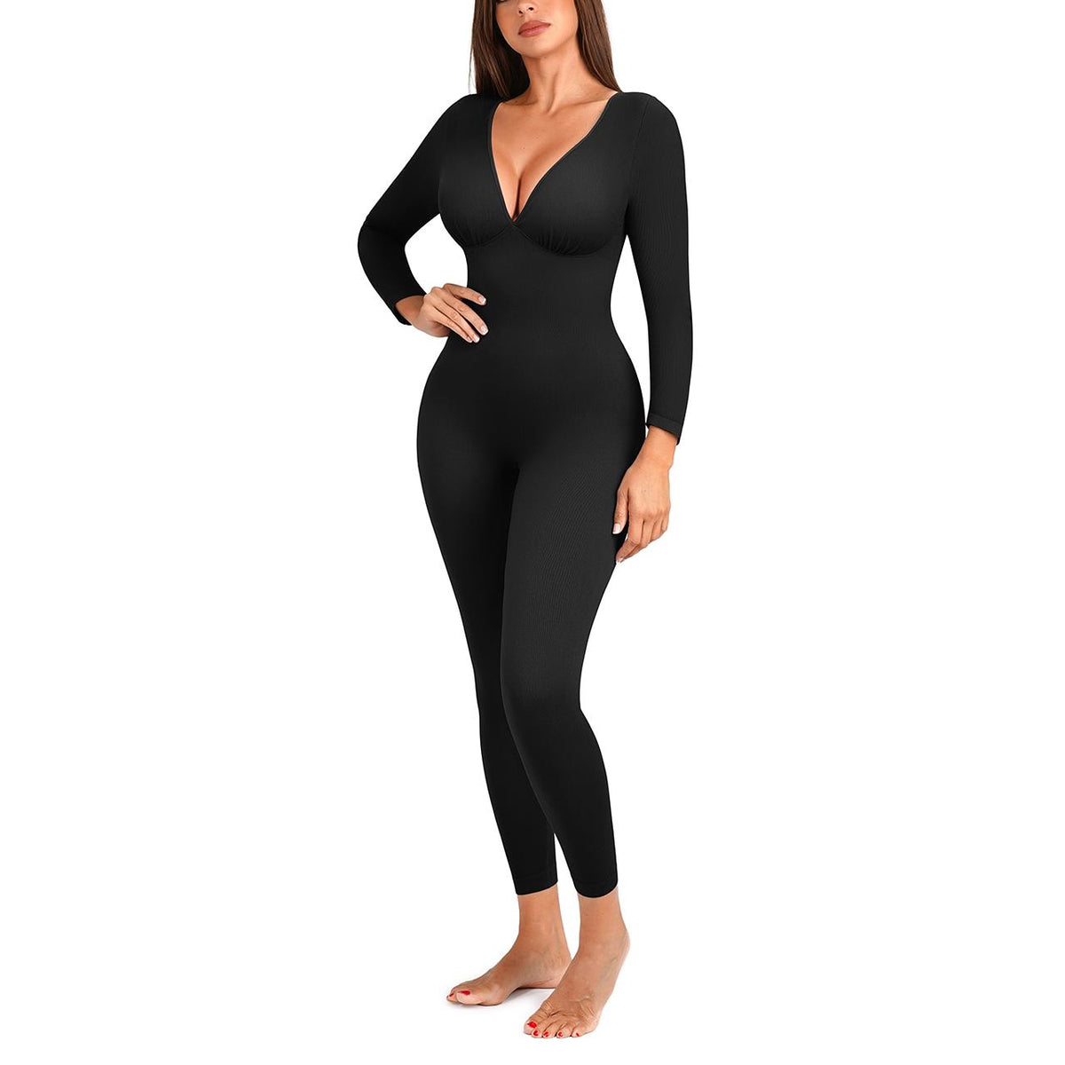 Ribbed deep V long sleeve jumpsuit in Black