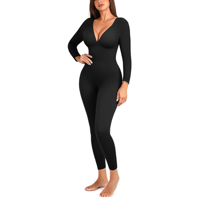 Ribbed deep V long sleeve jumpsuit in Black