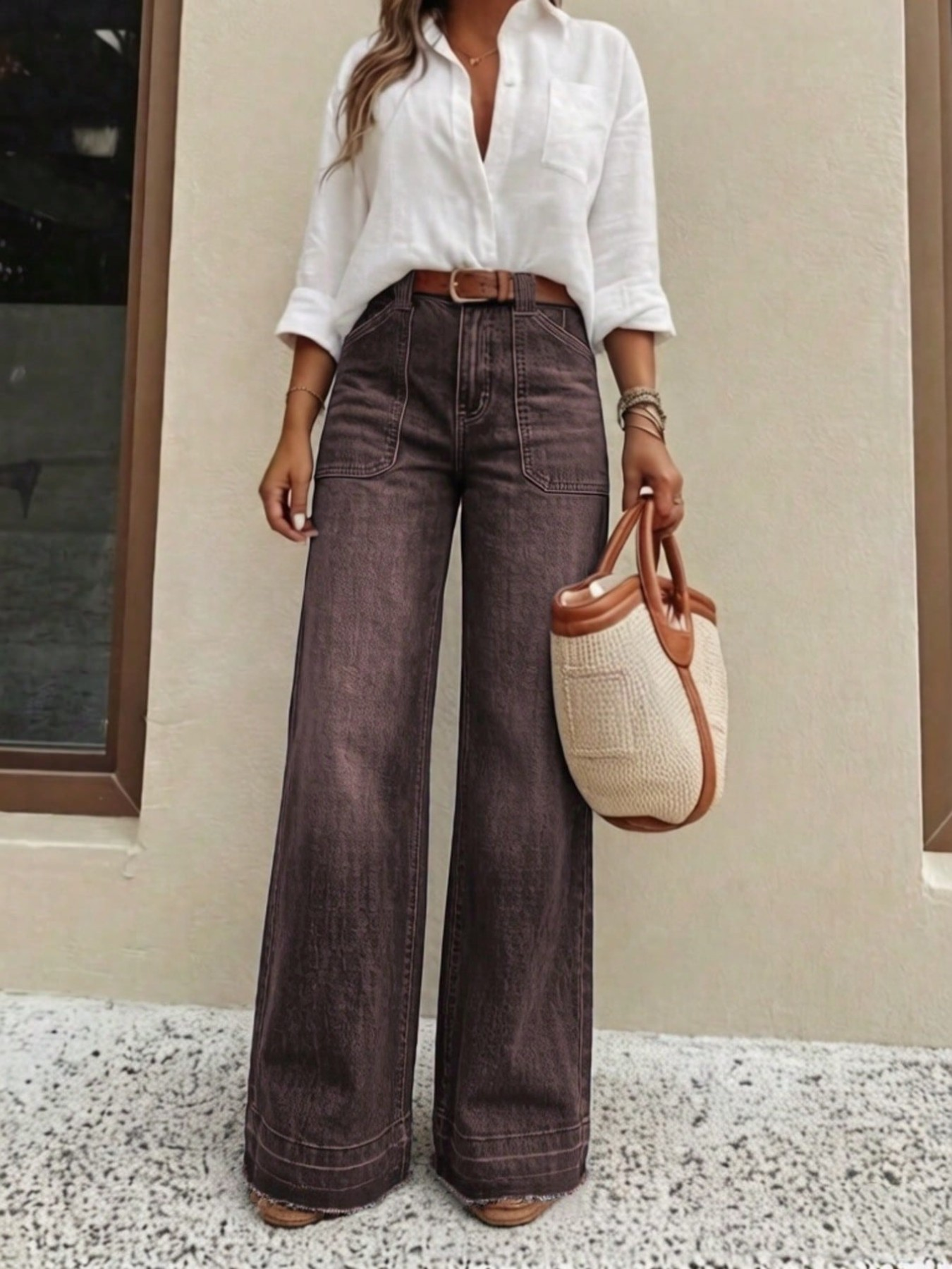 Women's wide-leg jeans, front view, vintage washed finish