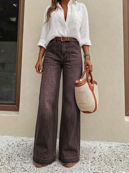 Women's wide-leg jeans, front view, vintage washed finish