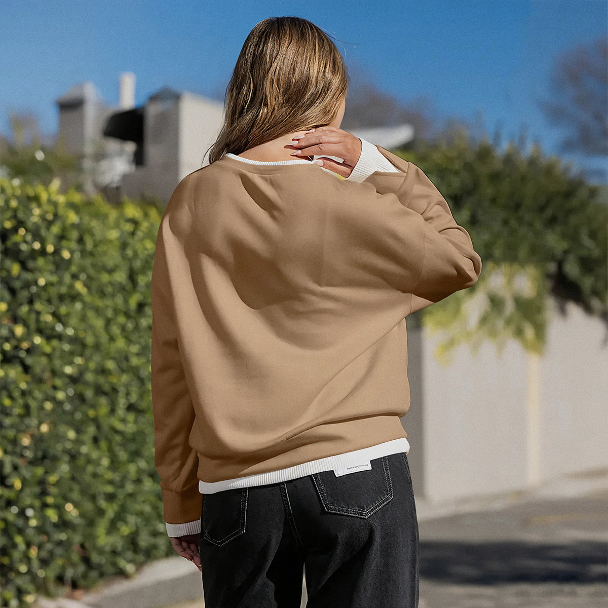 Back view of the Mocha layered sweatshirt