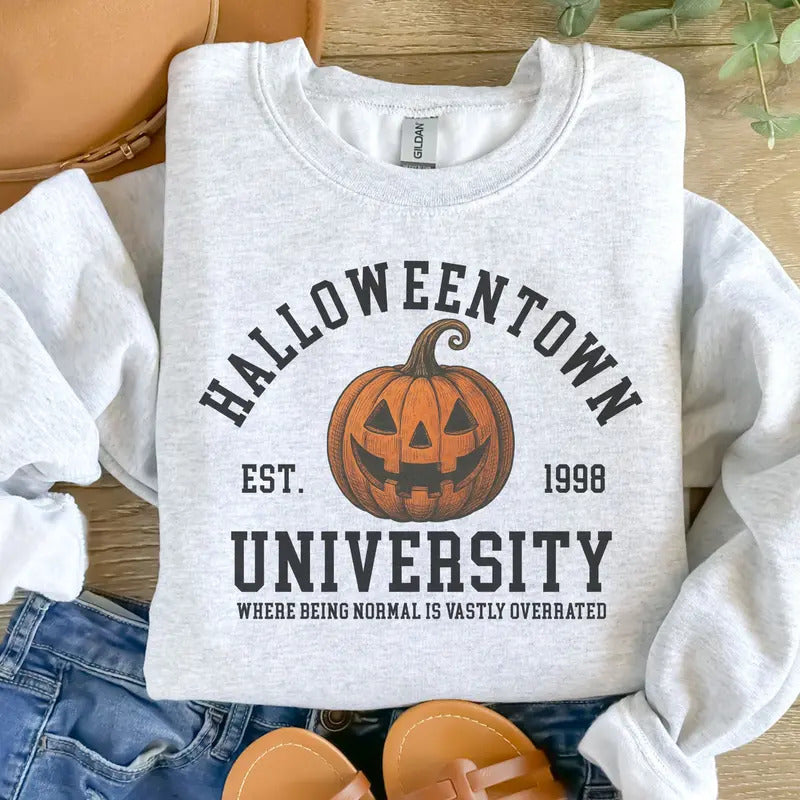 Halloweentown Pumpkin sweatshirt in Ash Grey, flat lay