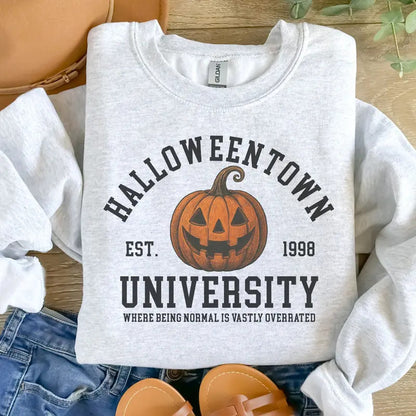 Halloweentown Pumpkin sweatshirt in Ash Grey, flat lay