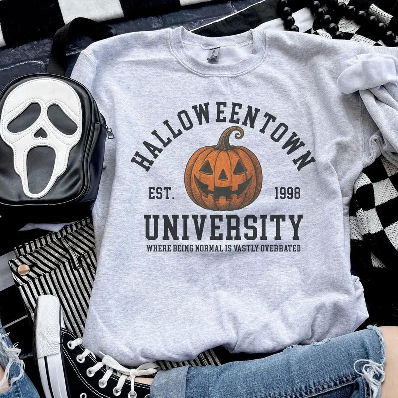Halloweentown Pumpkin t-shirt in Ash Grey, worn