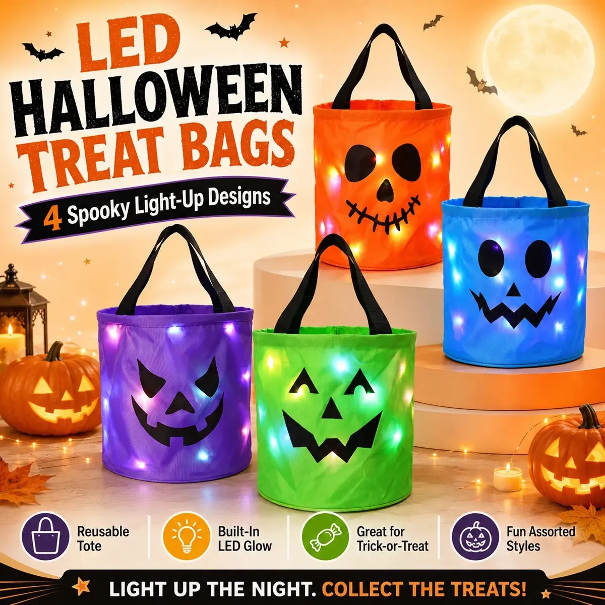 LED Halloween treat bags in four spooky light-up jack-o'-lantern designs