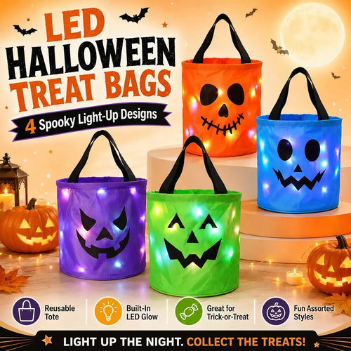 LED Halloween treat bags in four spooky light-up jack-o'-lantern designs