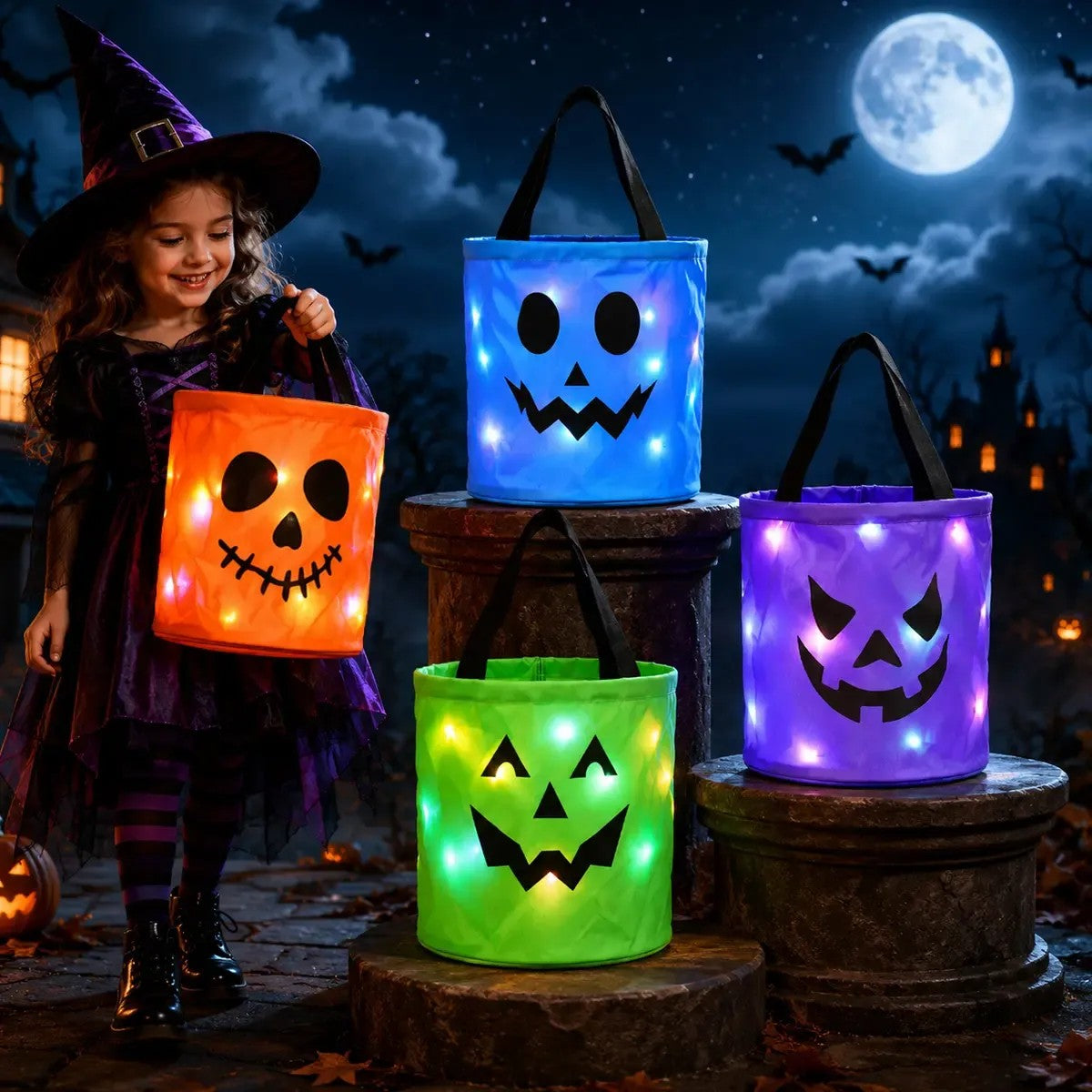 Child in a witch costume holding a glowing orange LED candy bucket at night