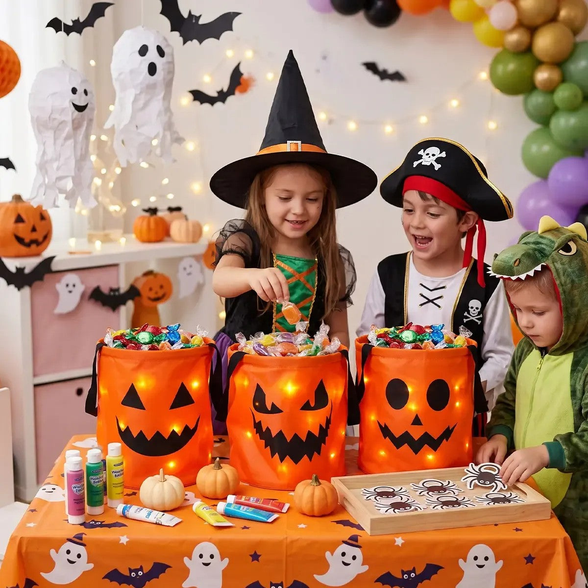 Kids at a Halloween party filling light-up candy buckets with treats