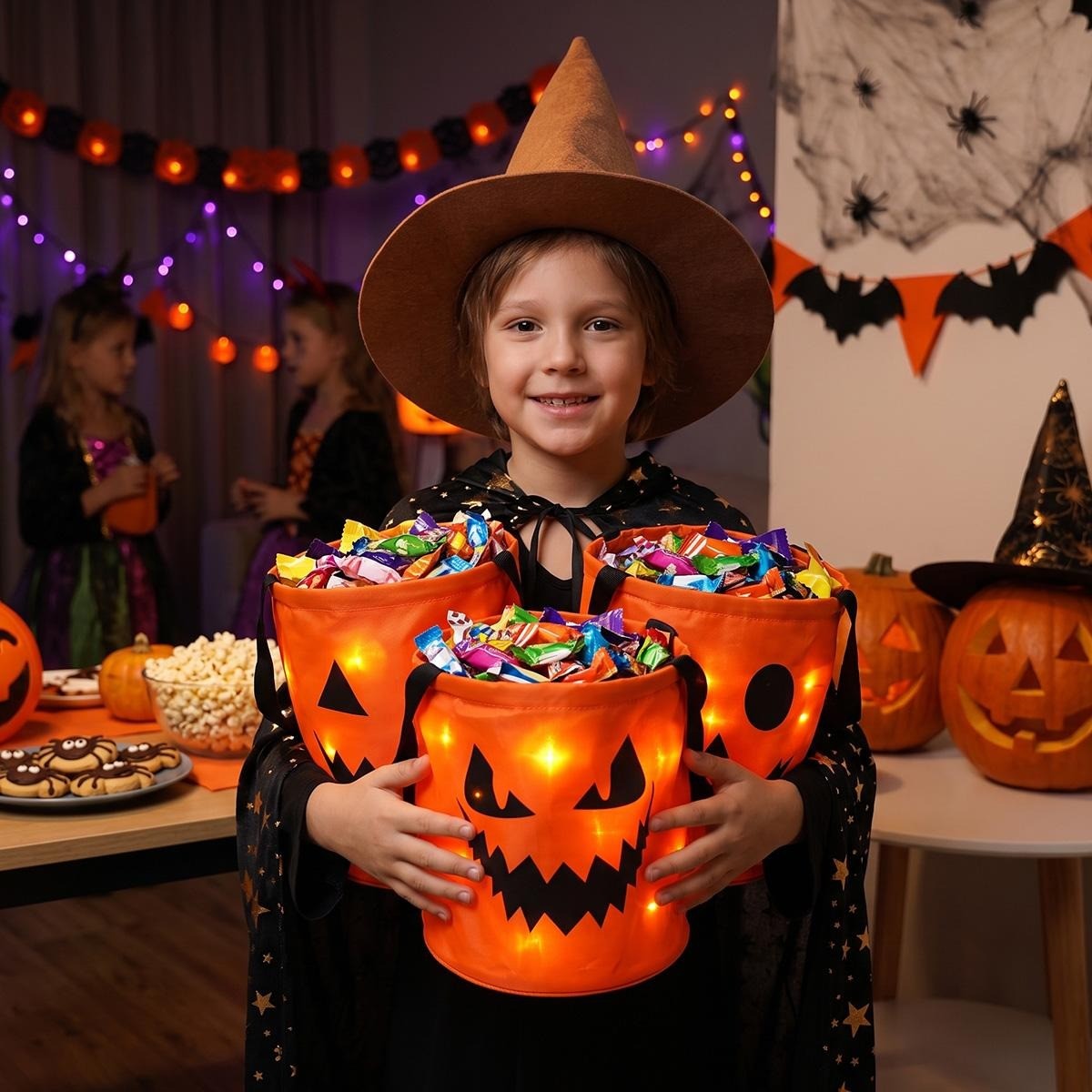 Child holding three glowing orange LED candy buckets at a Halloween party
