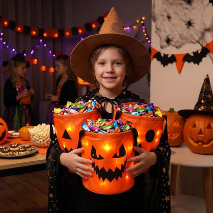 Child holding three glowing orange LED candy buckets at a Halloween party