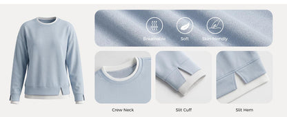 Fabric and detail features: crew neck, slit cuff, slit hem