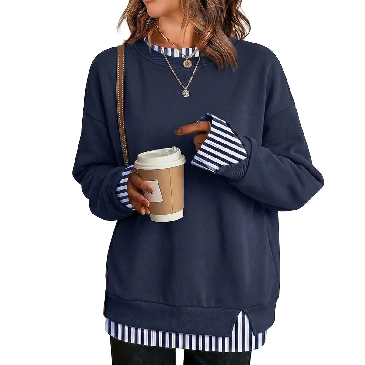 Layered crew neck sweatshirt in Navy Stripe