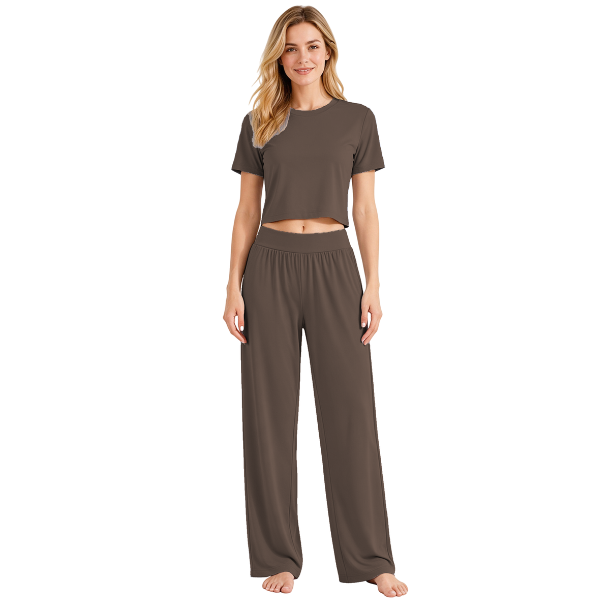 Brown colourway — AI-generated studio image of an adult model wearing the two-piece pyjama set (short cropped crew-neck tee with exposed midriff, wide elastic high-waist wide-leg trousers)
