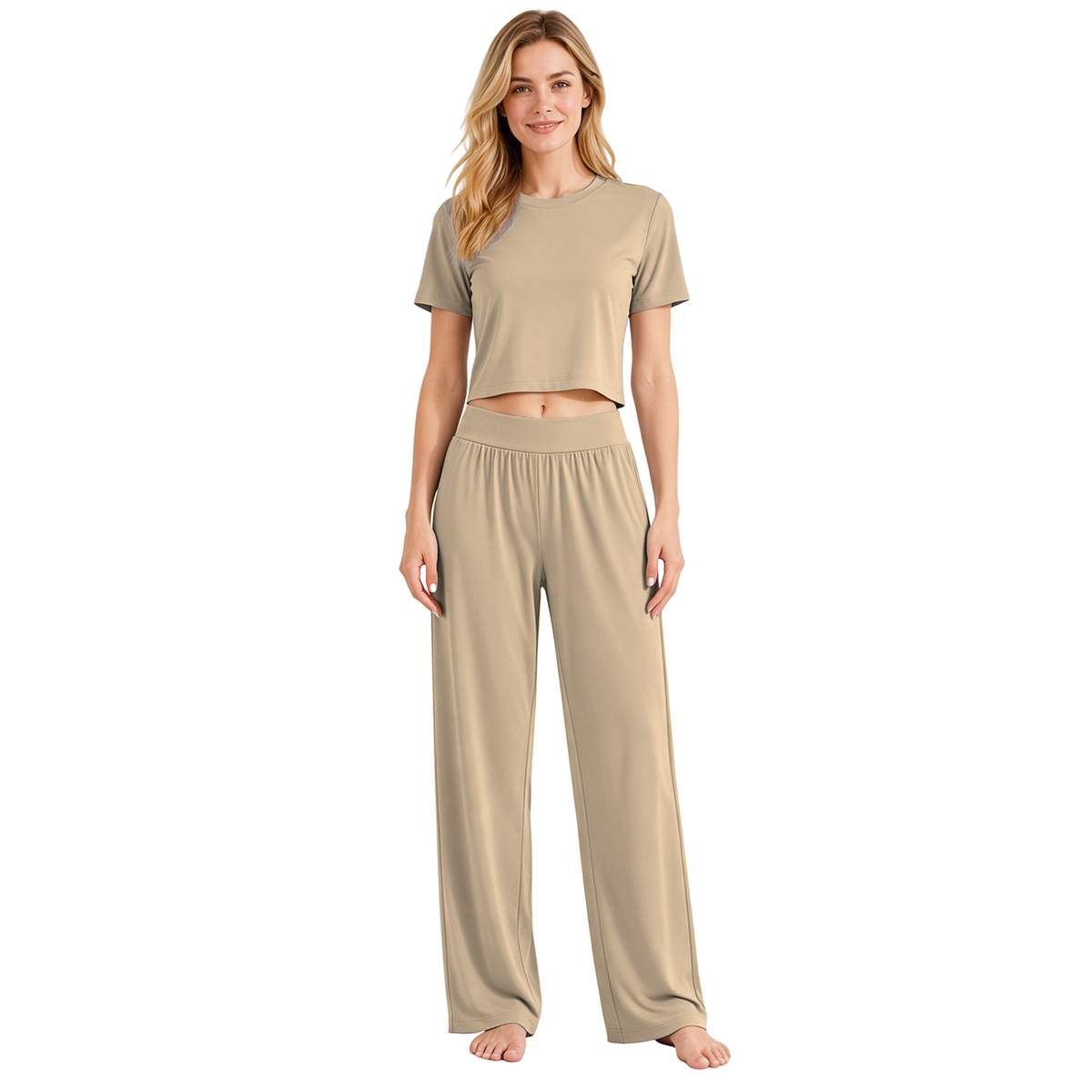 Khaki colourway — AI-generated studio image of an adult model wearing the two-piece pyjama set (short cropped crew-neck tee with exposed midriff, wide elastic high-waist wide-leg trousers)