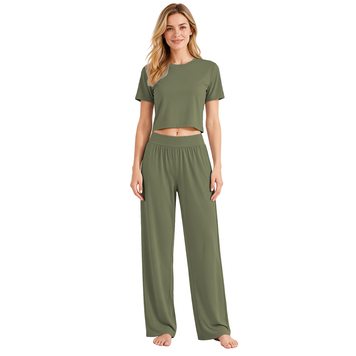 Olive colourway — AI-generated studio image of an adult model wearing the two-piece pyjama set (short cropped crew-neck tee with exposed midriff, wide elastic high-waist wide-leg trousers)