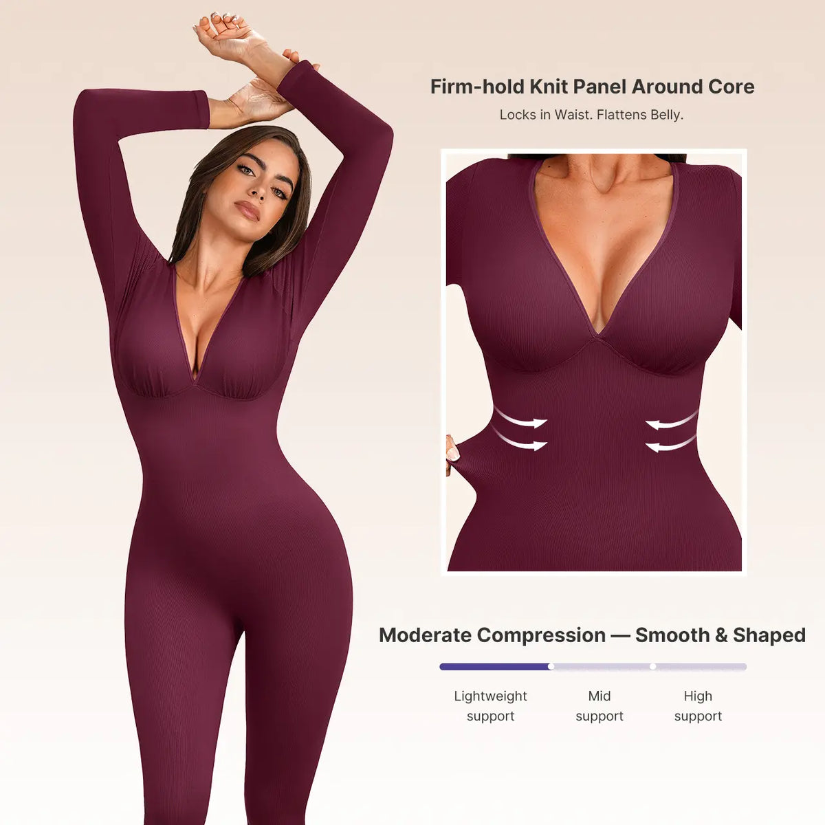Firm-hold knit panel around the core, moderate compression