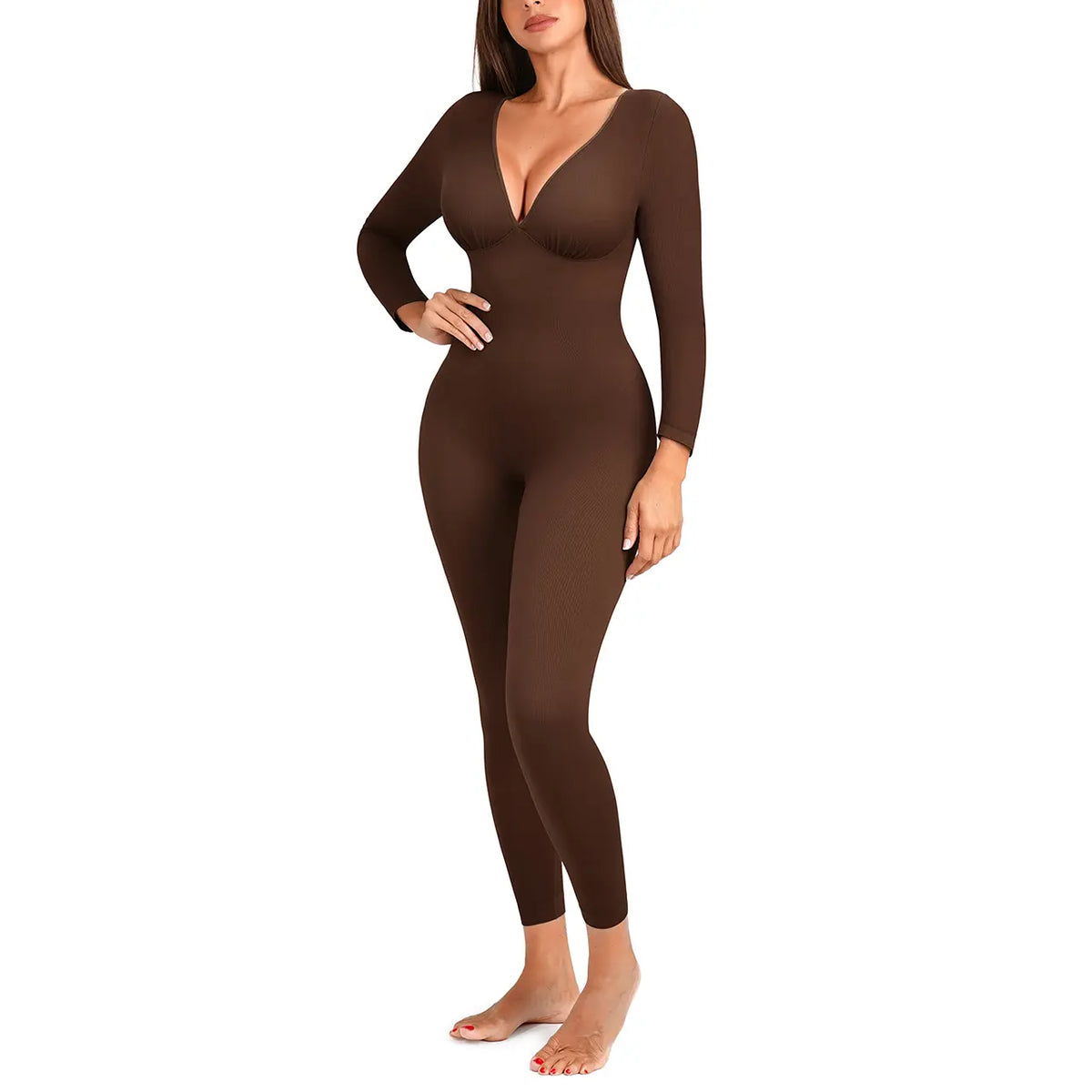 Espresso ribbed jumpsuit, hand on hip