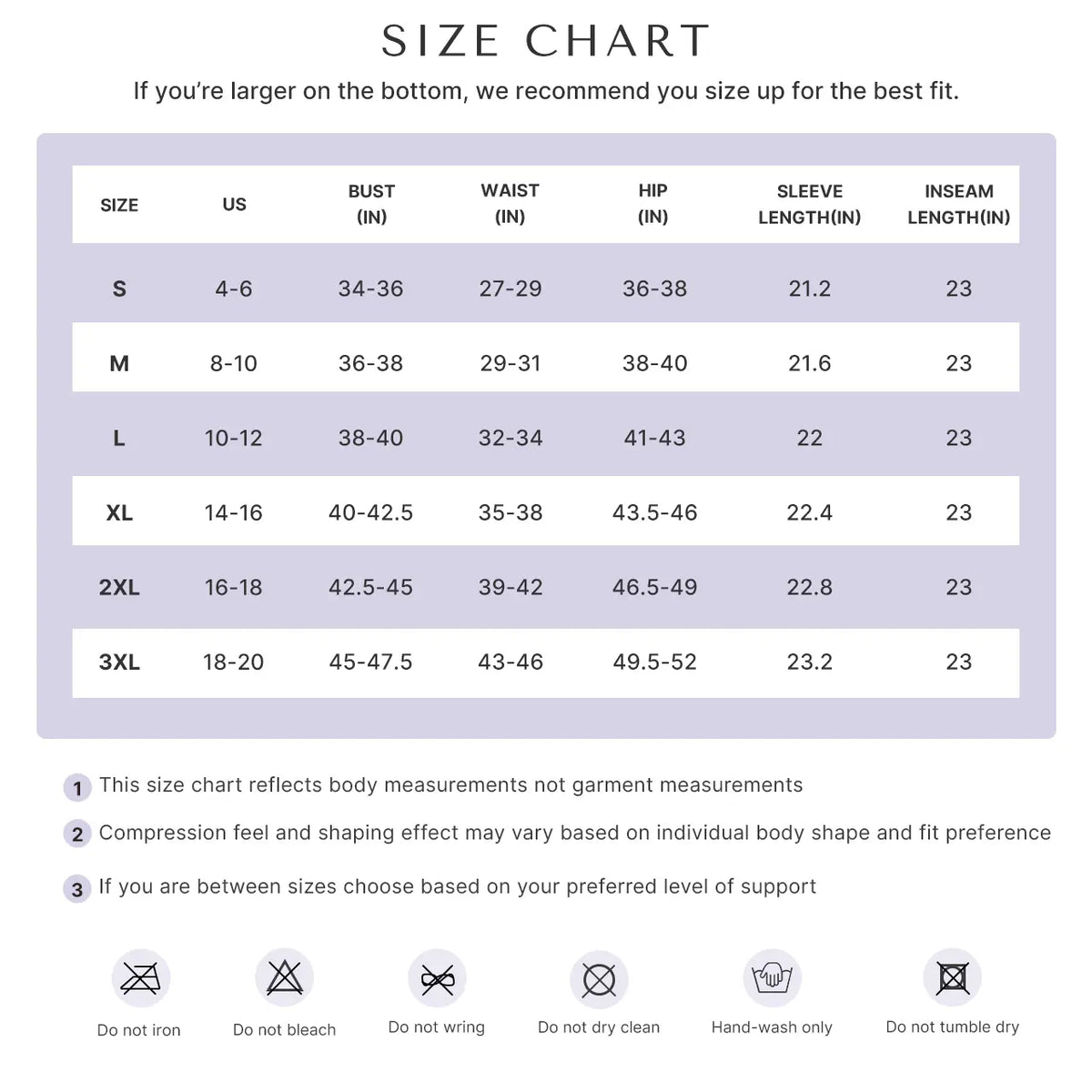 Size chart S to 3XL