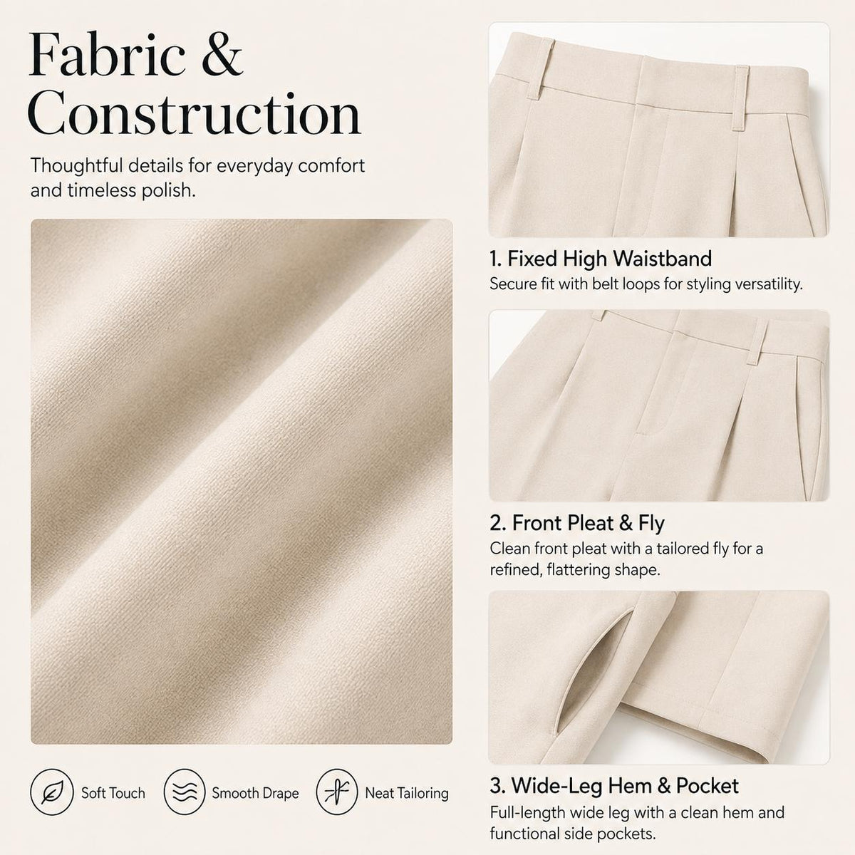Fabric and construction details: waistband, front pleat, pocket