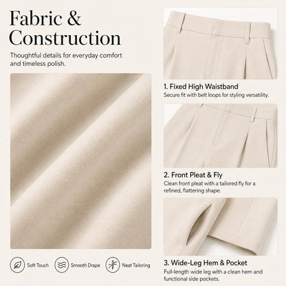 Fabric and construction details: waistband, front pleat, pocket