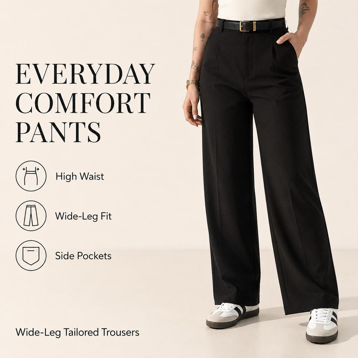 Black wide-leg trousers with high waist and side pockets
