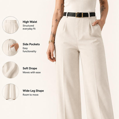 High waist, side pockets, soft drape and wide-leg shape
