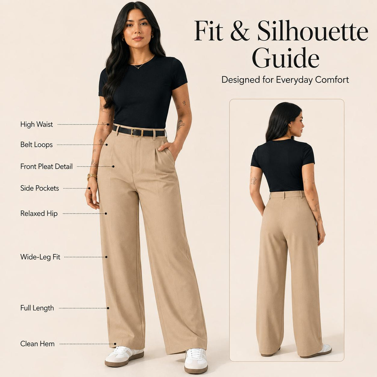 Fit guide: high waist, belt loops, front pleat, side pockets, wide leg
