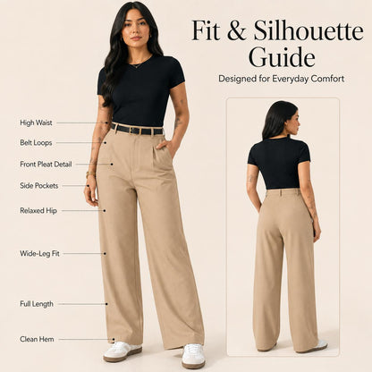 Fit guide: high waist, belt loops, front pleat, side pockets, wide leg
