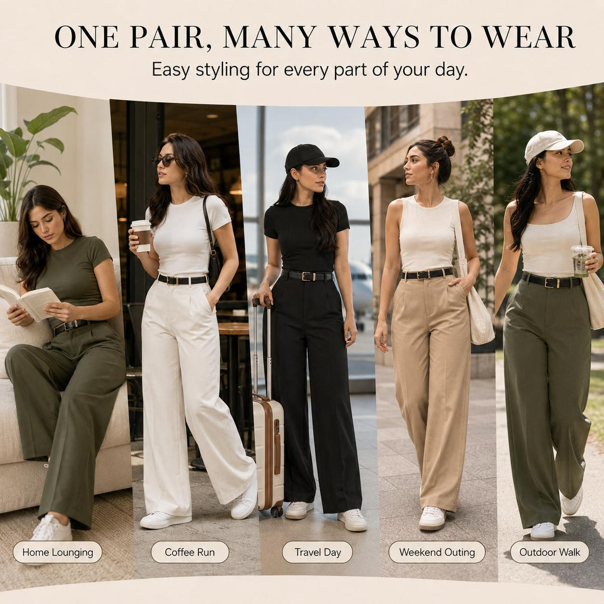 Styled five ways: lounging, coffee run, travel, weekend, walk