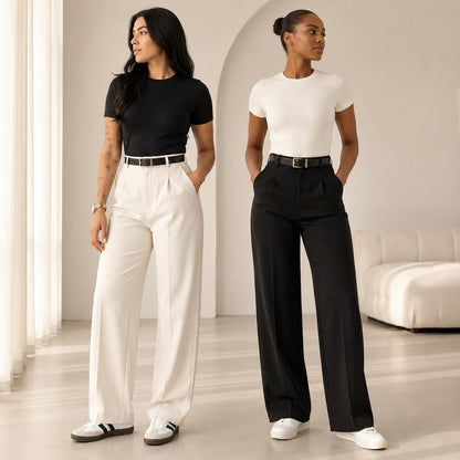White and black wide-leg trousers styled with tees
